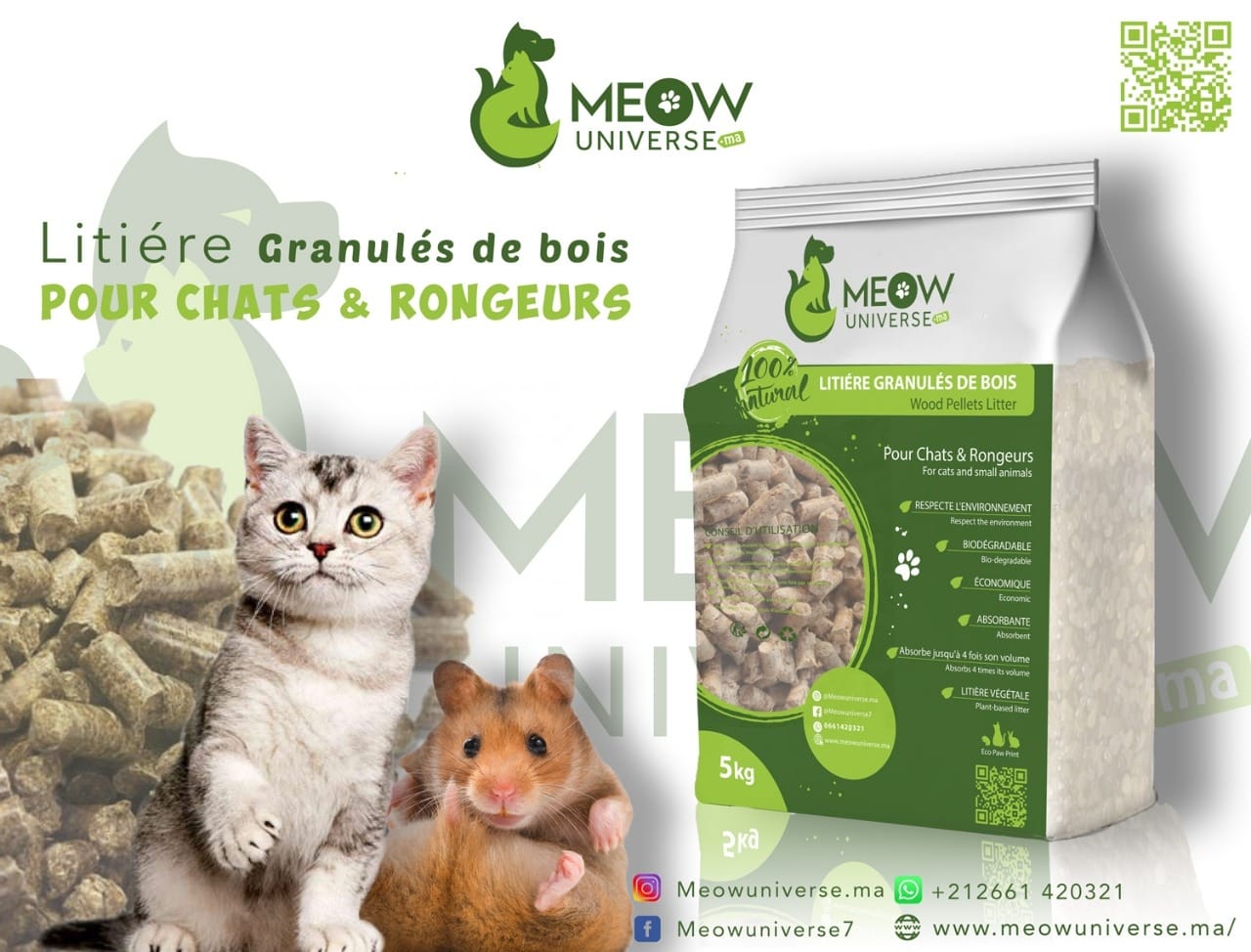 Litiére Granulés de Bois Meow Universe Double ECO - 5 KG - Wood Pellets Litter